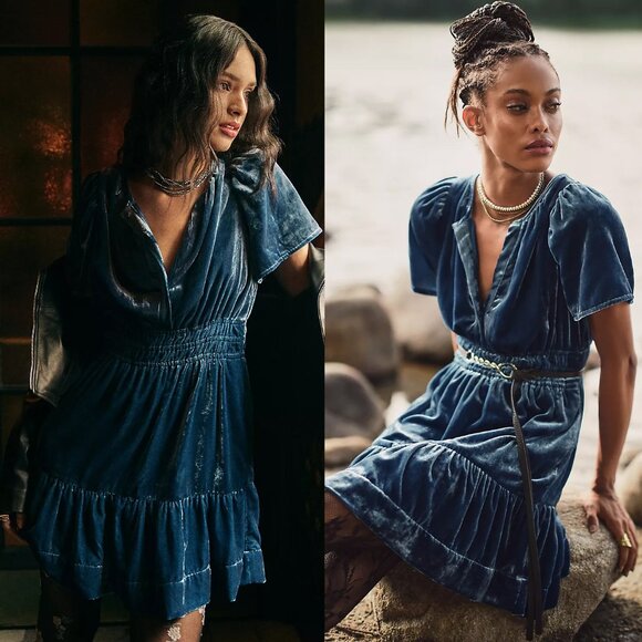 Anthropologie The Somerset Mini Dress S Velvet Edition Teal Blue $168 Romantic - Picture 1 of 16